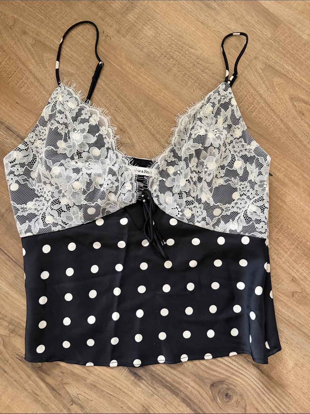 Abercrombie & Fitch Black Satin Polka Dot Cami with White Lace
